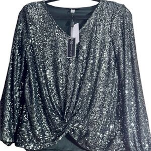 Cable & Gauge Dark Green and Silver Sequin Long Sleeve Wrap Blouse